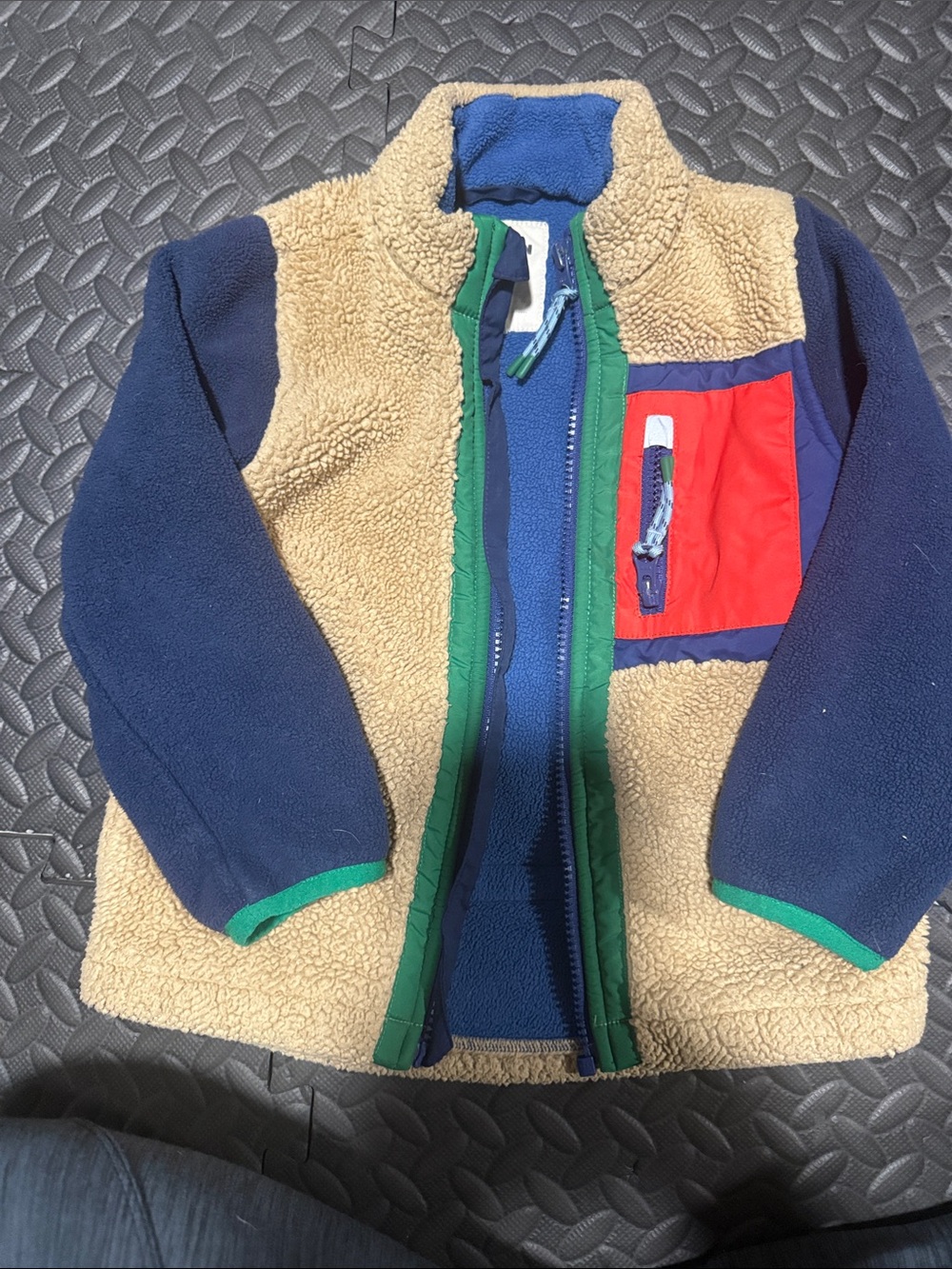 Mini Biden Kids Tan Sherpa Jacket with Navy Sleeves and Red Chest Pocket